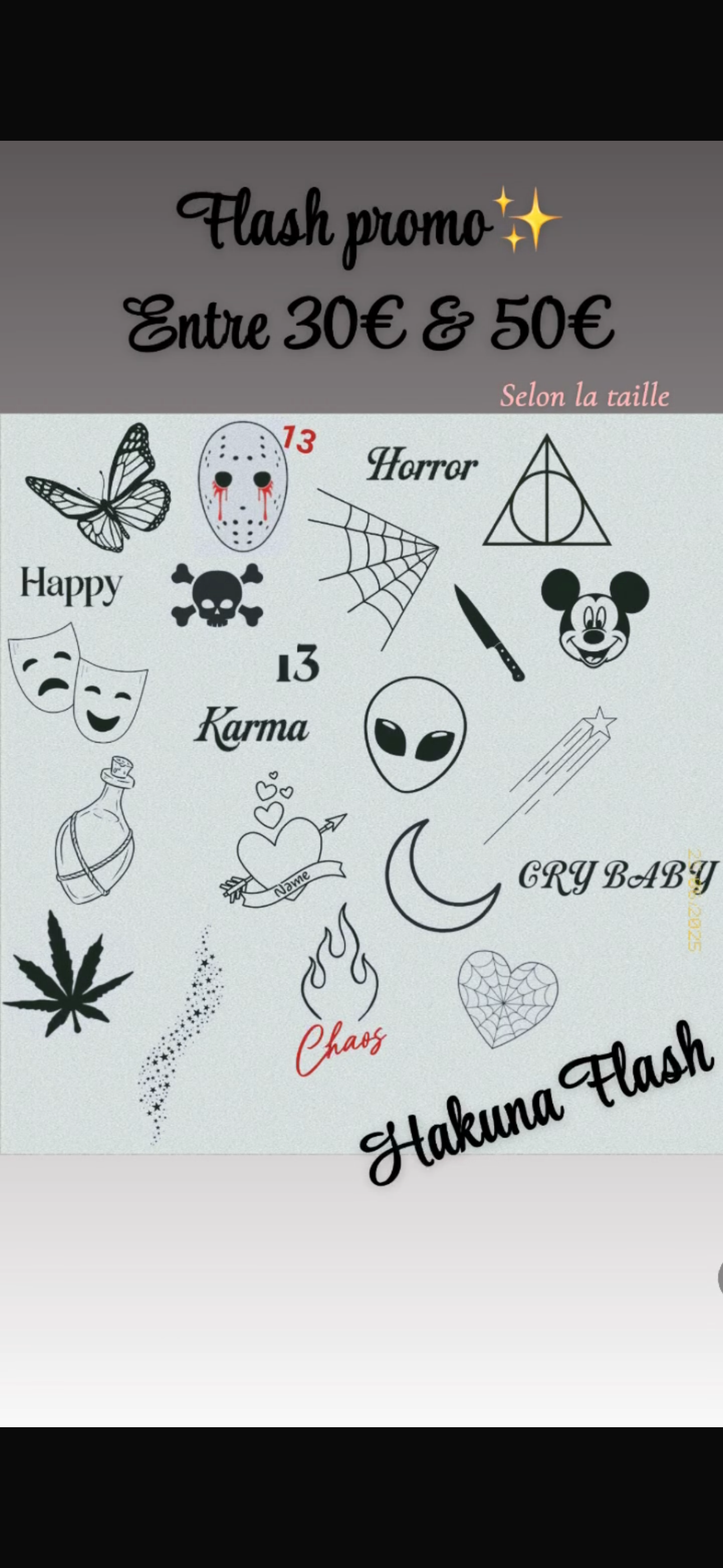 Planche de tatouages flash — alien, lune, flamme, crâne, Mickey — entre 30€ et 50€ chez Hakuna Tatoo